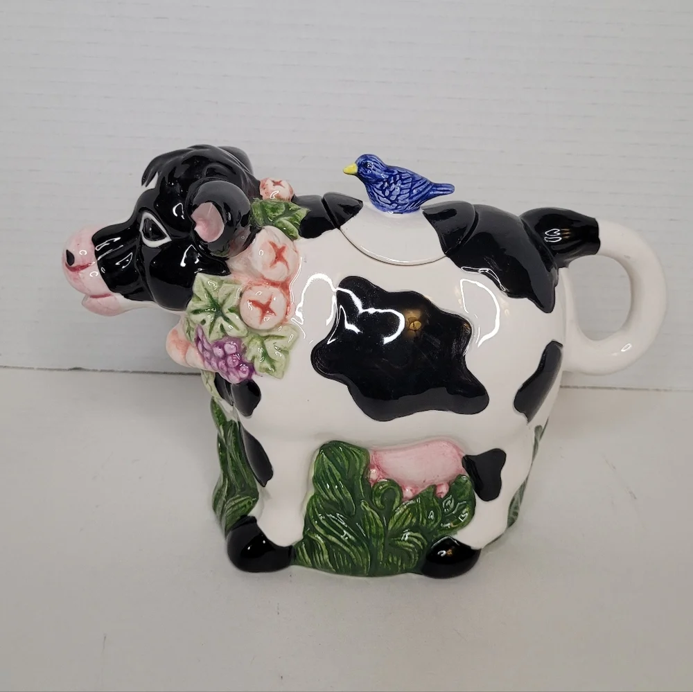 Black White Holstein Cow Teapot with Blue Bird on Back Vintage Wangs Intl Cerami